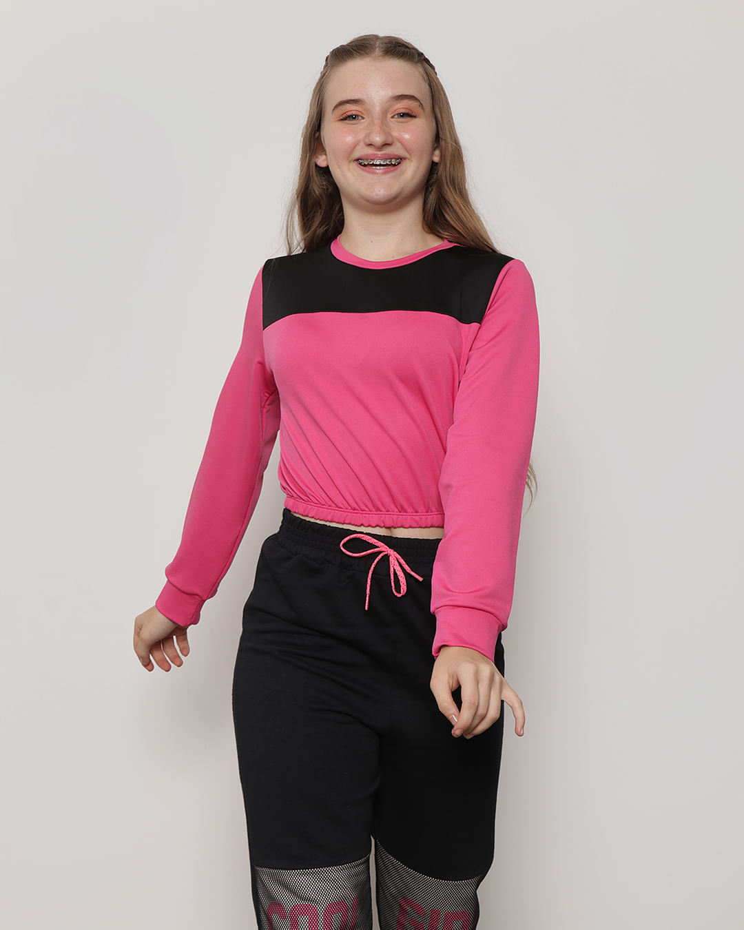 Blusa Juvenil Cropped com Elástico Helanca Rosa-1739819639952