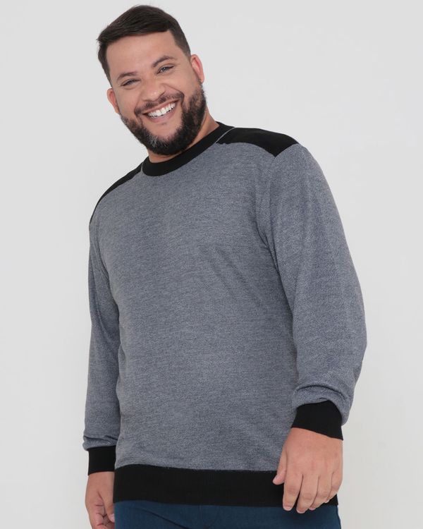 Suéter Masculino Plus Size Tricô Recortes Suede Cinza G1