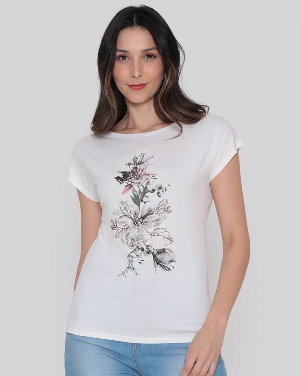 Blusa Feminina Manga Curta Estampa Flores Off White GG