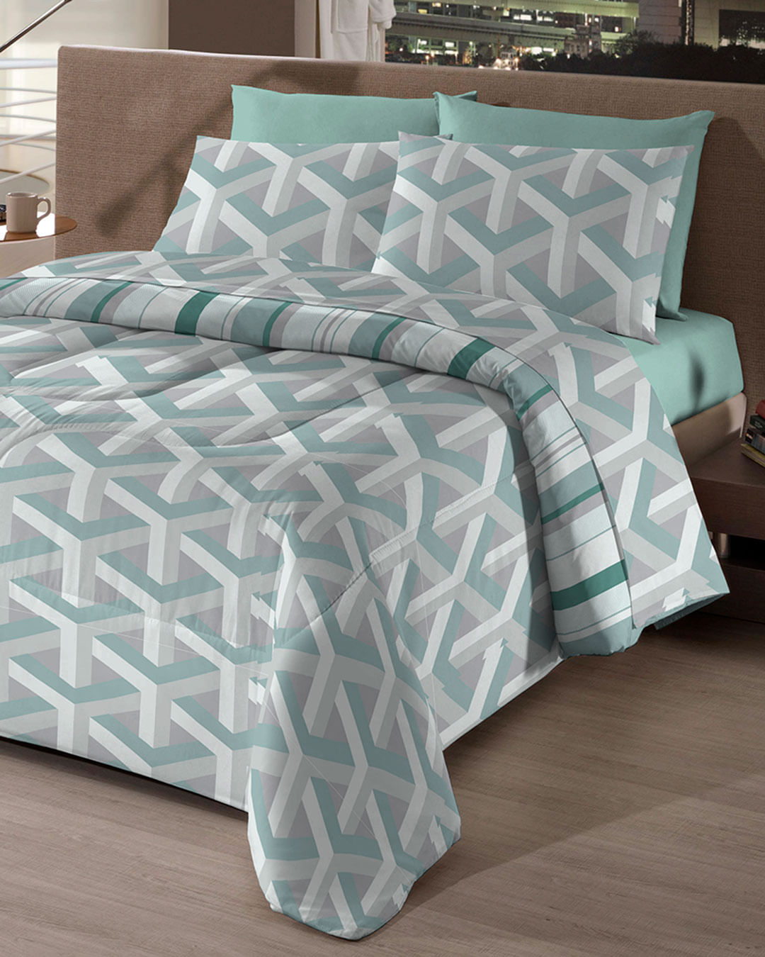 Jogo-De-Cama-Queen-Micro----4-Pecas---Verde-Geometrico