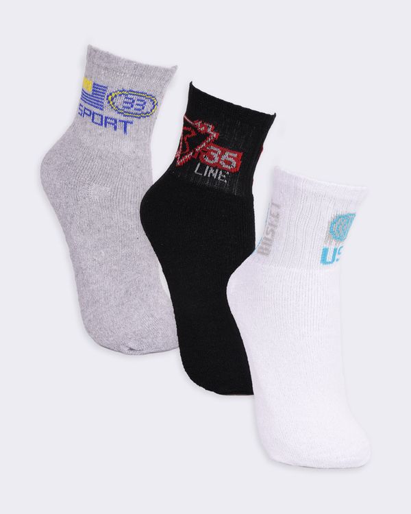 Kit 3 Pares De Meia Juvenil Cano Longo Com Estampa Sortida Branca Cinza Preta 33 A 37