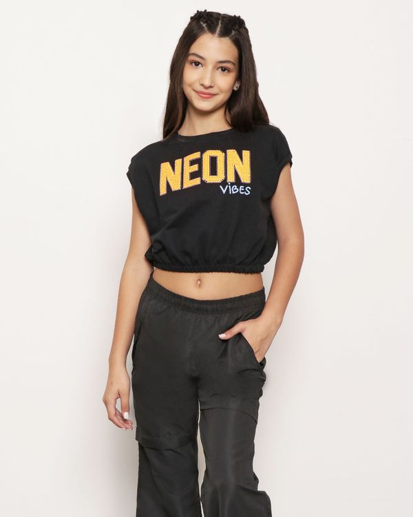 Blusa Moletinho Juvenil Cropped Neon Paetê Preto 14