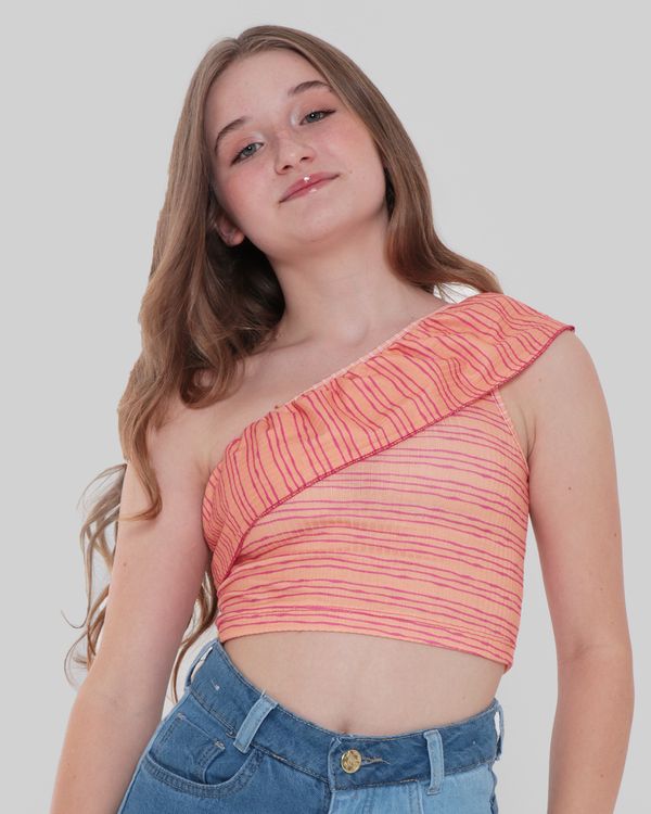 Blusa Cropped Juvenil Um Ombro Só Babados Laranja 16