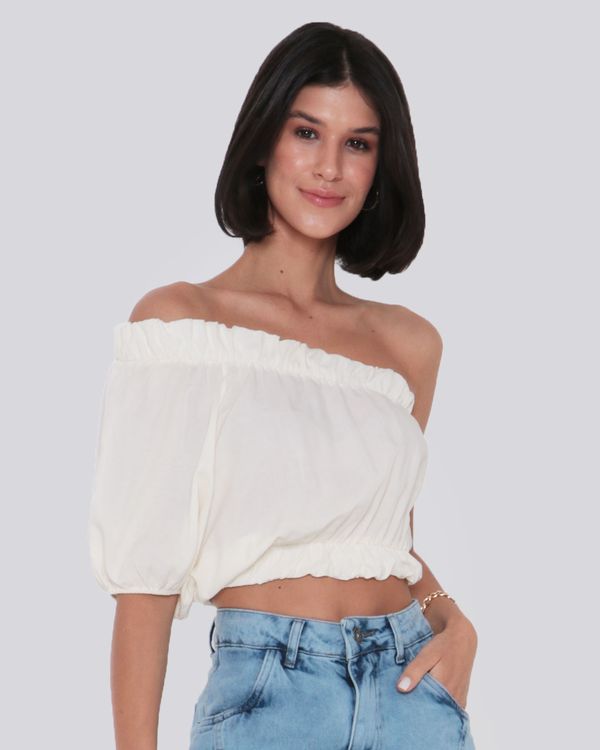 Blusa Feminina Viscose Cropped Um Ombro Só Off White P
