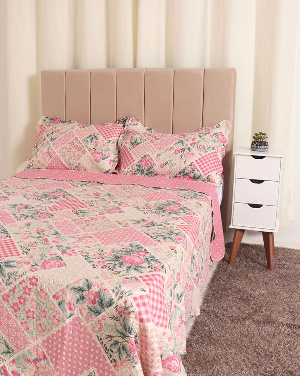 Kit Colcha Queen 3 Peças Estampa Geométrica Plumagem Rosa UN