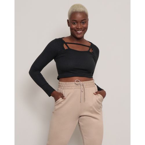 Blusa Cropped Feminina Decote Vazado Canelada Preta