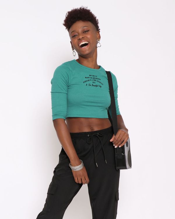Blusa Cropped Feminina Canelada Manga 3/4 Verde P