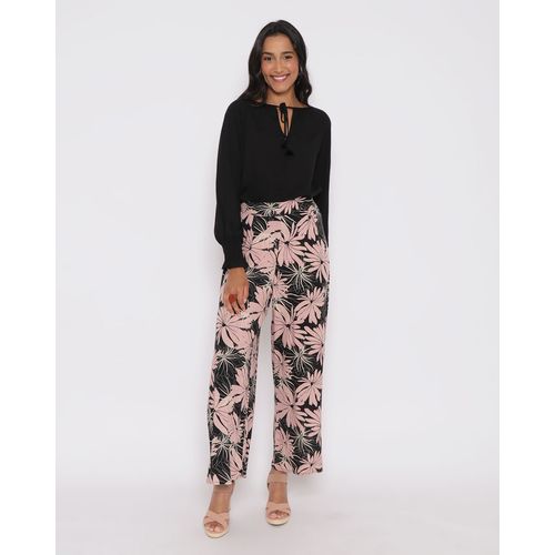 Calça Feminina Pantalona Viscose Floral Preta