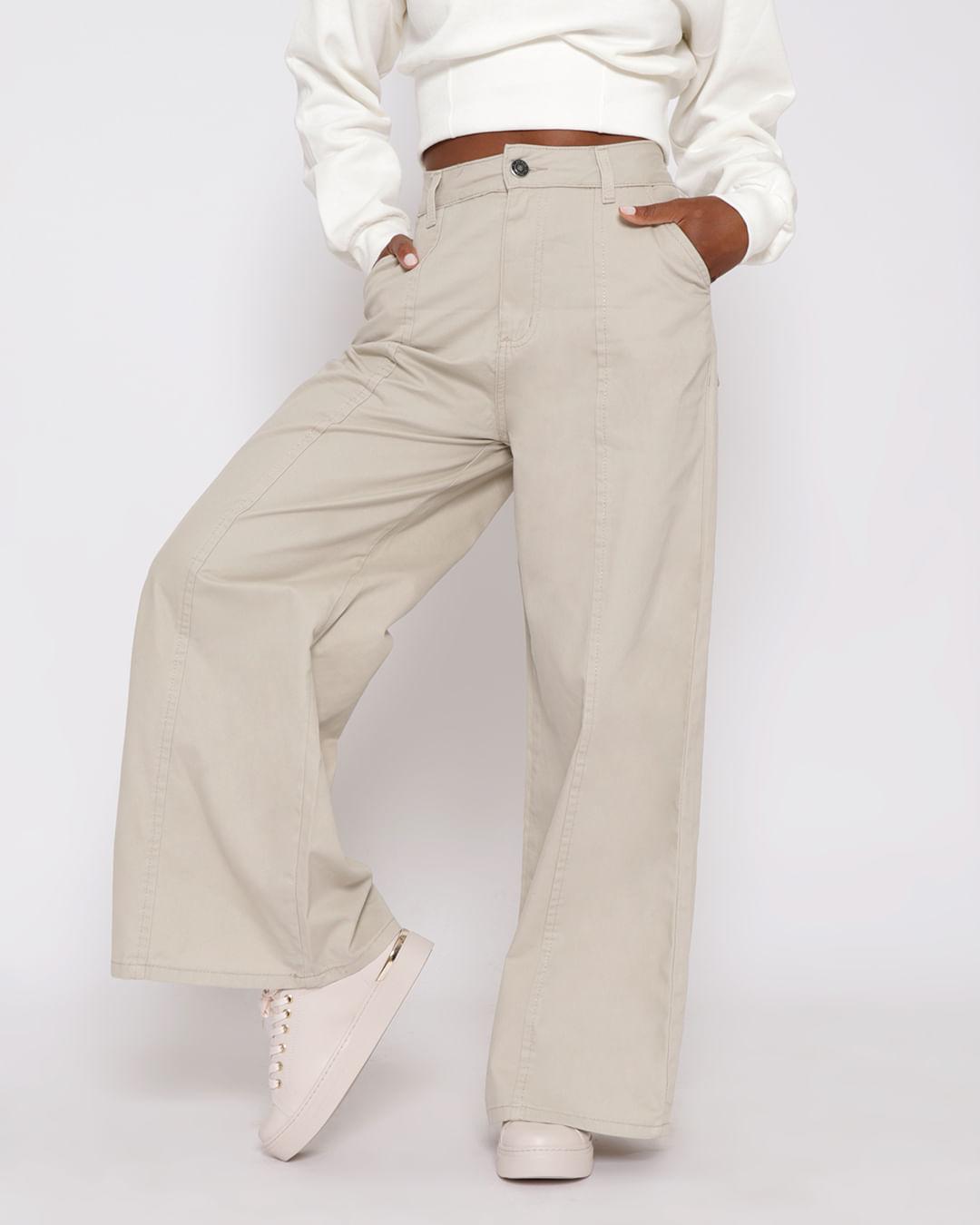 Calça Sarja Feminina Pantalona Bege