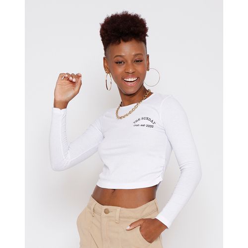 Blusa Cropped Feminina Manga Longa Canelada Branca