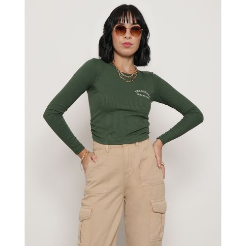 Blusa Cropped  Feminina Manga Longa Canelada Verde
