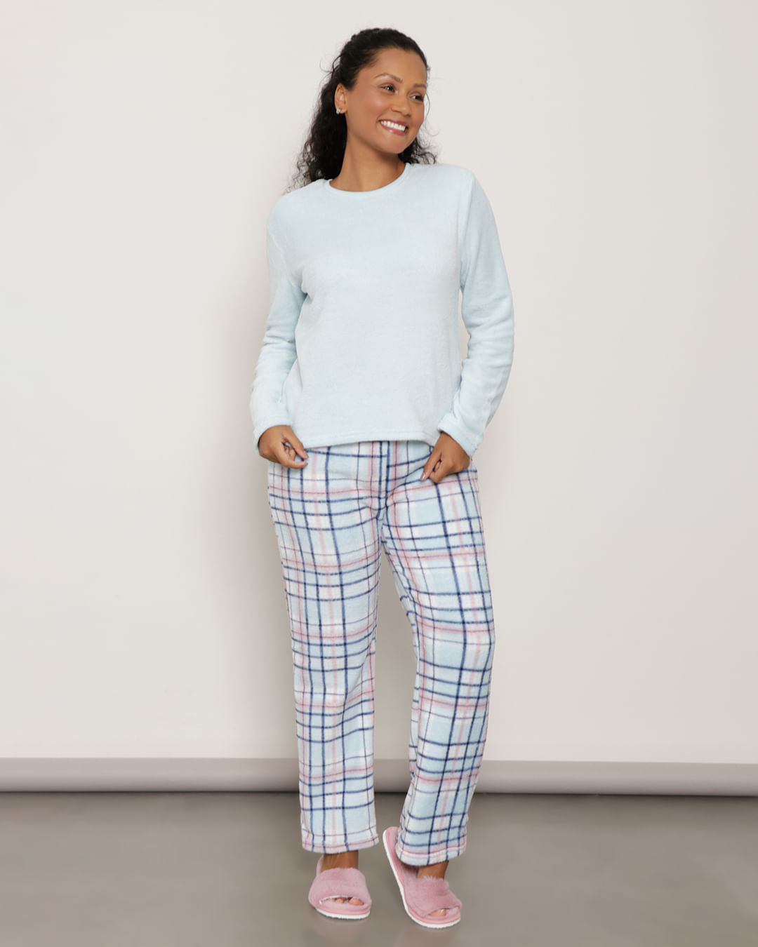 Pijama-Soft-Longo-Decredondo-Xadrez---Azul-Claro