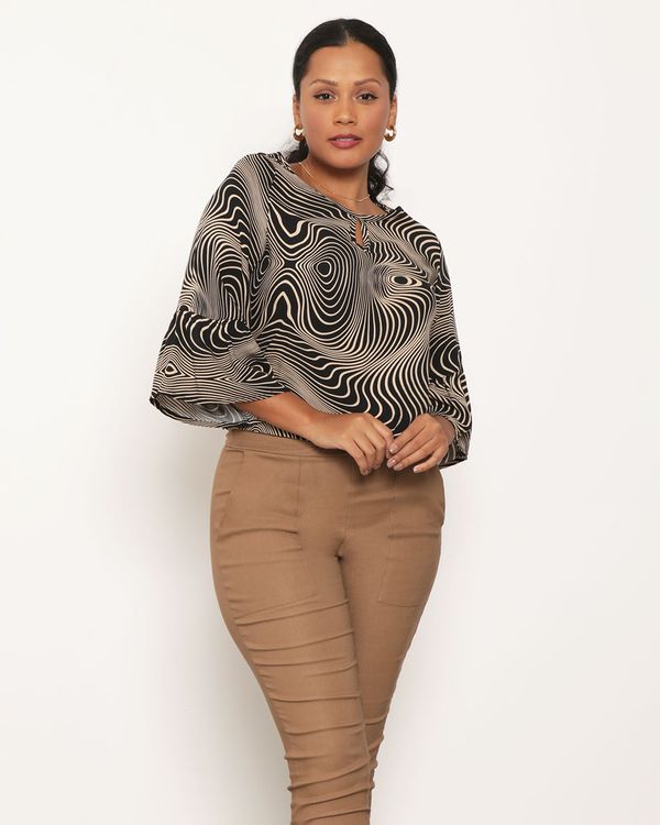 Blusa Feminina Manga Sino Estampada Viscose Preta P