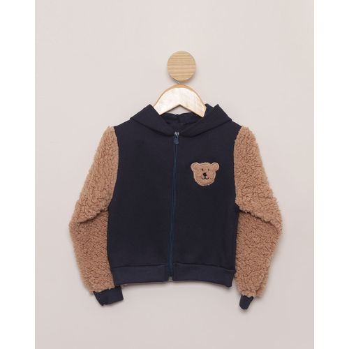 Casaco Bebê Moletom com Sherpa Bordado Urso Marinho