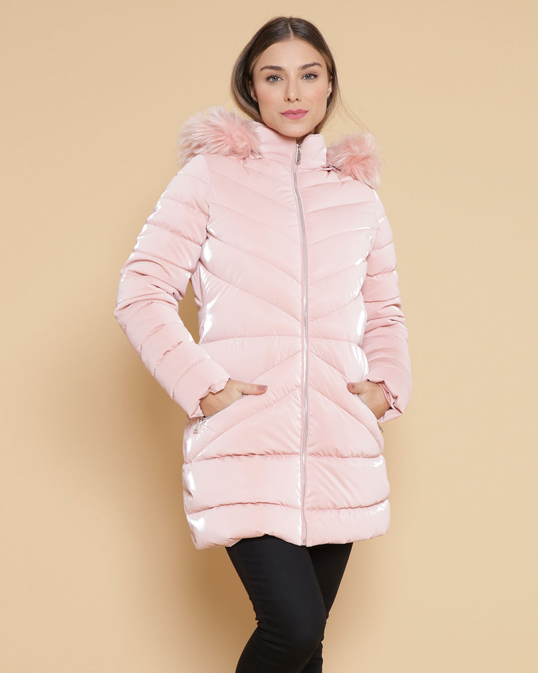 Jaqueta Feminina Puffer Alongada Com Capuz Removível Holográfica Rosa