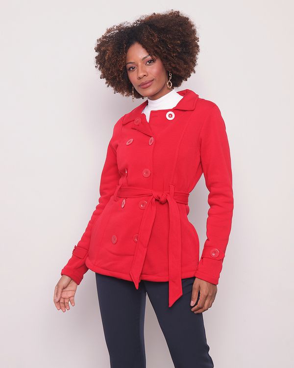 Parka Moletom Feminino Manga Longa Com Cinto Vermelho GG