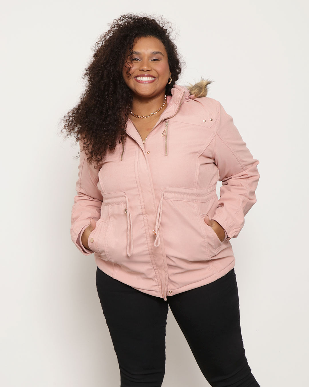 Parka Sarja Feminina Plus Size Capuz Pelinhos Rosa