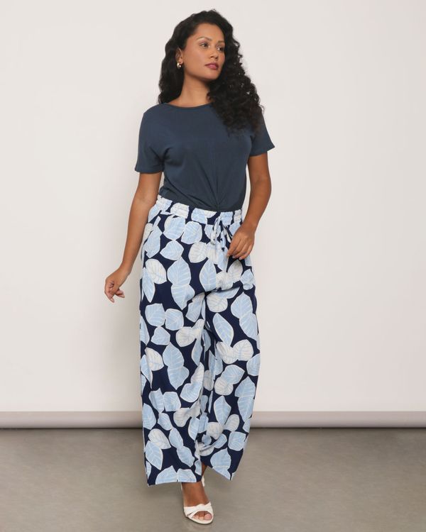 Calça Feminina Pantalona Viscose Estampada Azul M