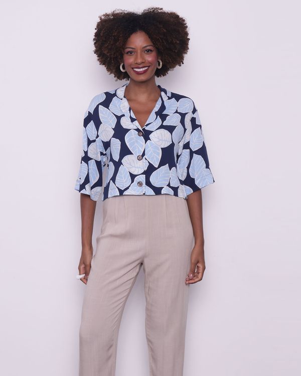Camisa Feminina Manga Curta Cropped Viscose Floral Azul M