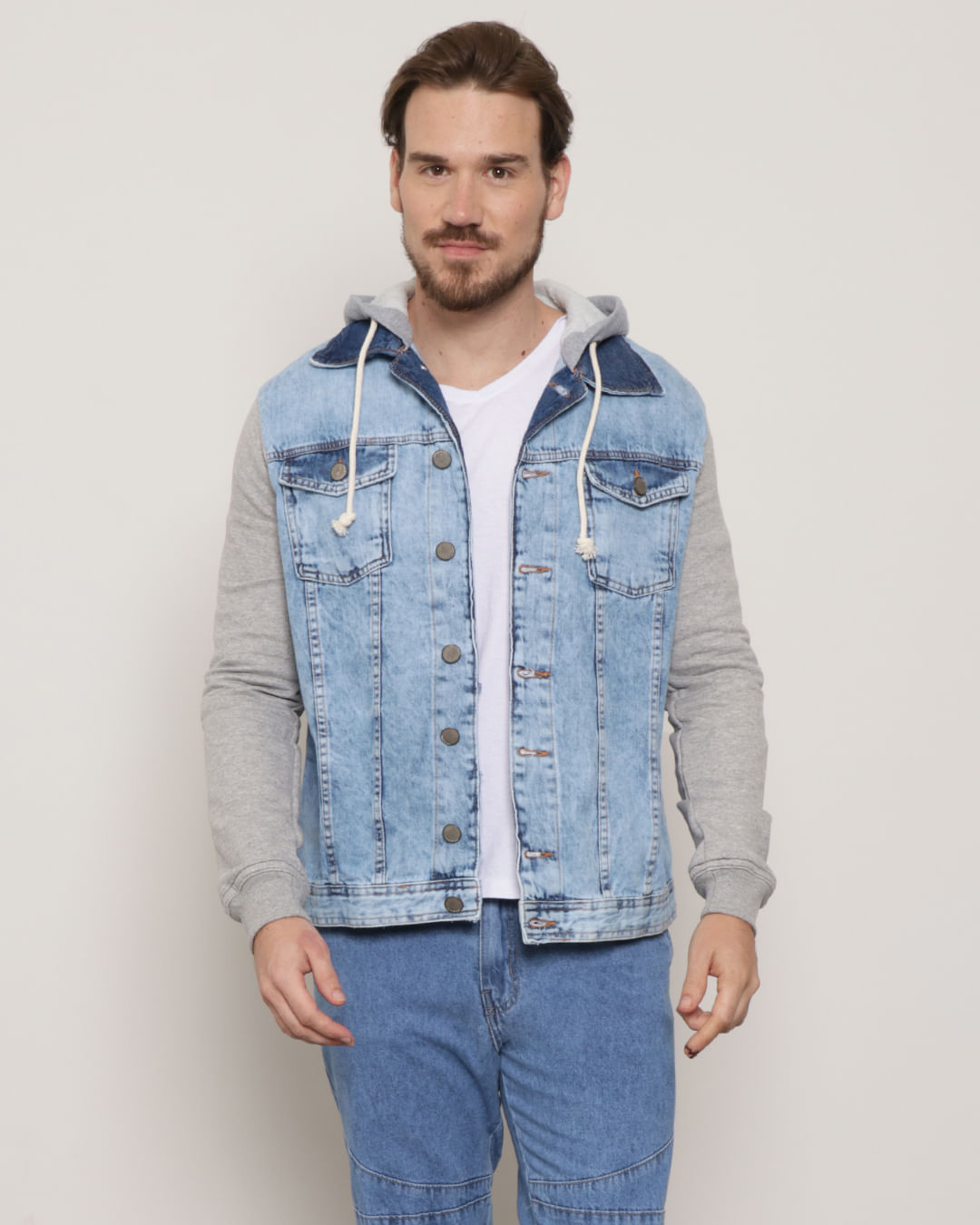 Jaqueta Jeans Masculina com Mangas e Capuz em Moletom Azul