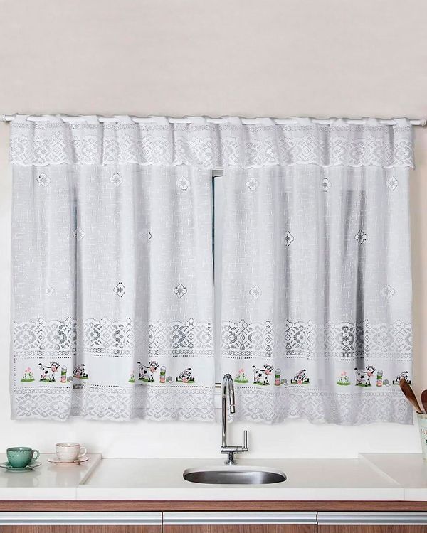 Cortina Cozinha Valência 200cm x 120cm Vaquinhas Branca UN