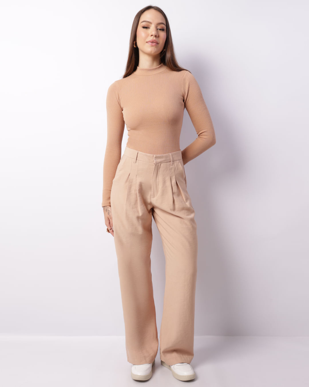 Body Feminino Manga Longa Texturizado Bege