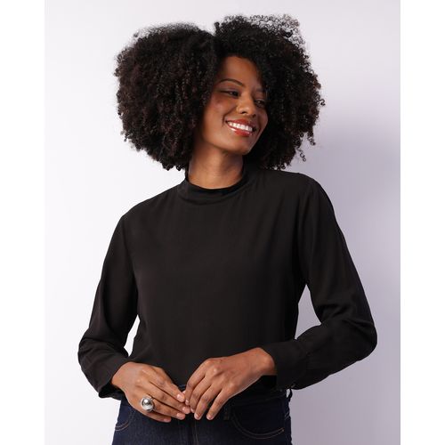 Blusa Feminina Manga Longa Viscose Gola Alta Preta