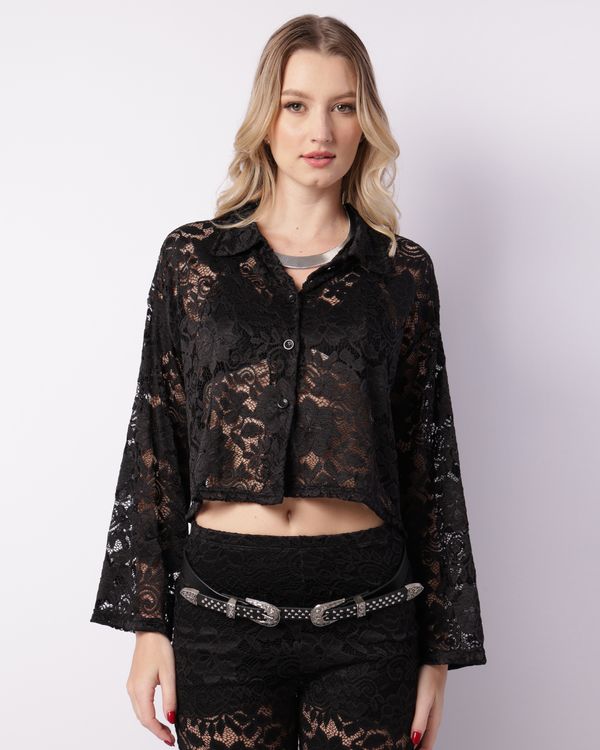 Camisa Feminina Manga Longa Renda Preta P