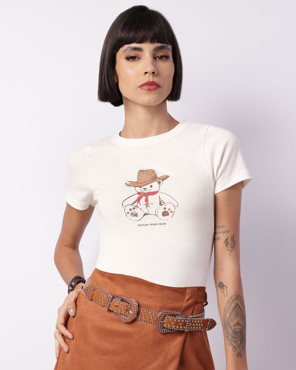 Blusa Feminina Manga Curta Estampa Aplicação Off White M