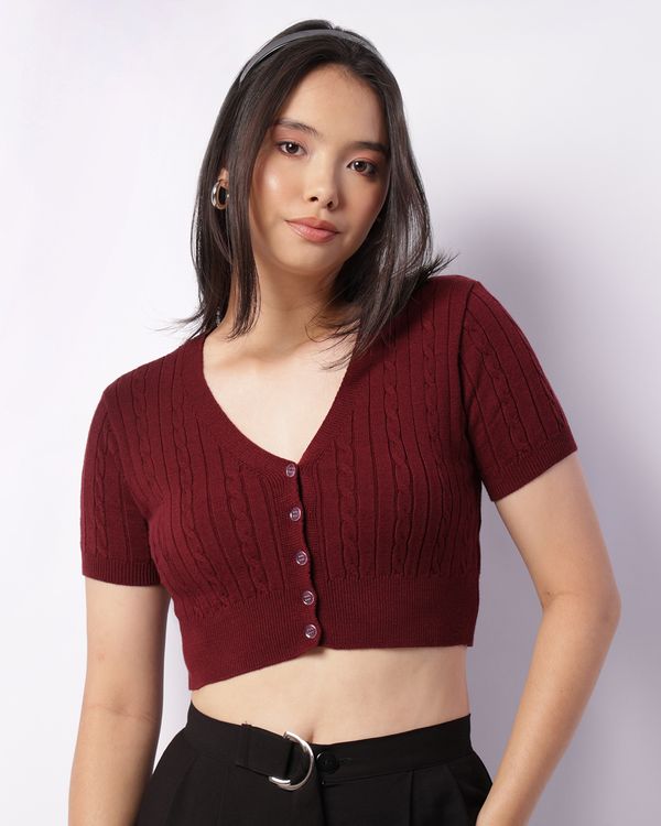 Blusa Feminina Cropped Tricô Com Botões Vinho G