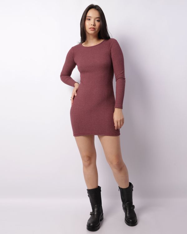 Vestido Feminino Curto Manga Longa Cotelê Costas Aberta Vinho G