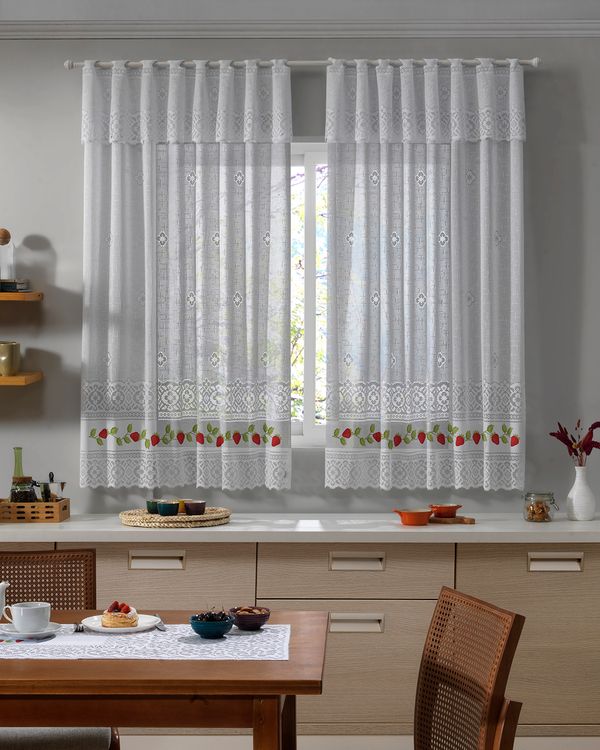 Cortina De Cozinha Valencia 200cmX120cm Estampa Morango Branca UN