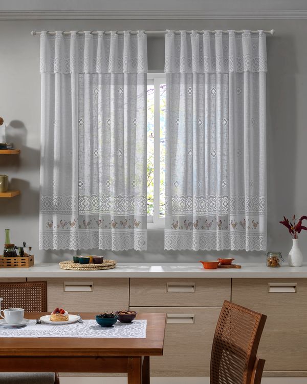 Cortina De Cozinha Valencia 200cmX120cm Estampa Galinhas Branca UN