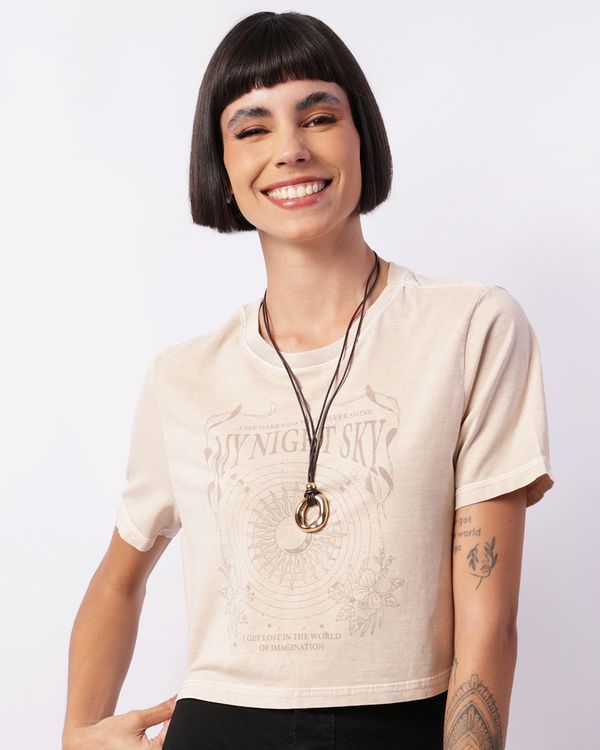 Camiseta Feminina Cropped Manga Curta Estampado Bege P
