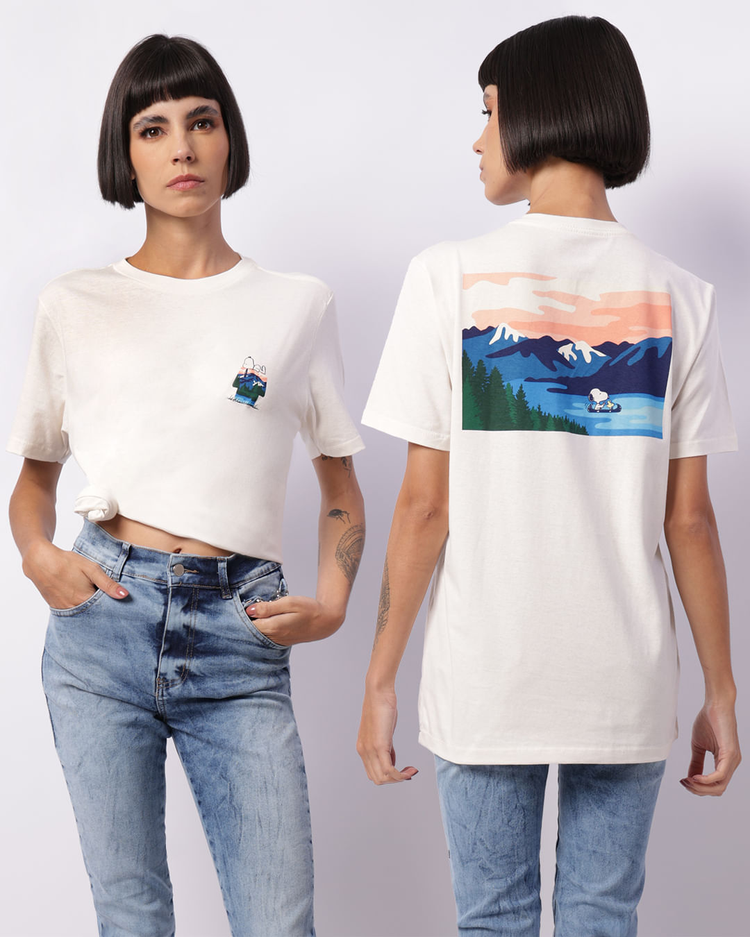 Camiseta Feminina Snoopy Estampa Frente E Costas Off White-1742308710811