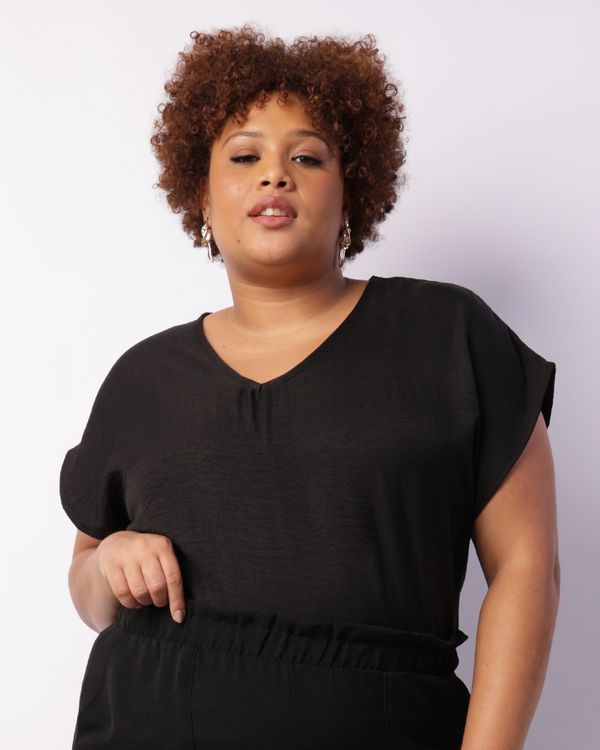 Blusa Plus Size Feminina Manga Curta Decote V Preta G1