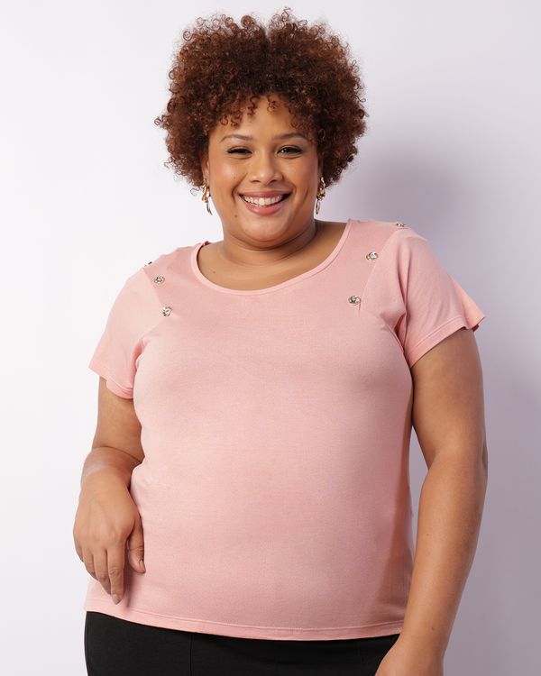 Blusa Plus Size Feminina Manga Curta Botões Decorativo Rosa G3