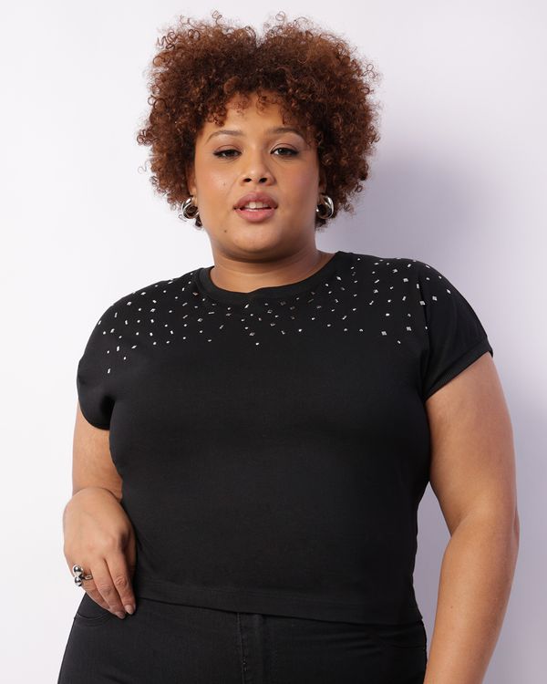 Blusa Plus Size Feminina Com Aplicação Preta G2