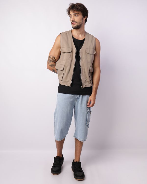 Bermuda Jeans Masculina Reta Bolso Cargo Azul 44