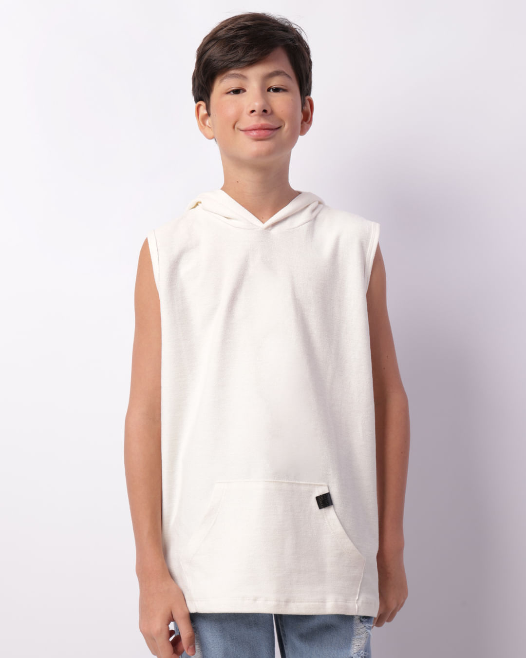 Regata Juvenil Texturizada Com Capuz Bolso Canguru Off White