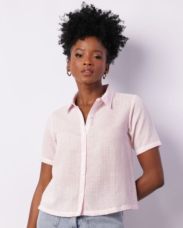Camisa Feminina Cropped Berry & Co. Manga Curta Listrada Rosa M