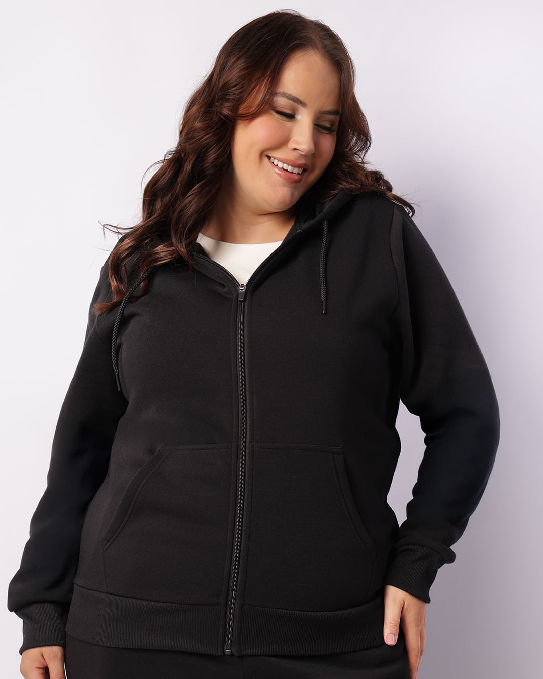 Jaqueta Moletom Feminino Plus Size Com Capuz Preto
