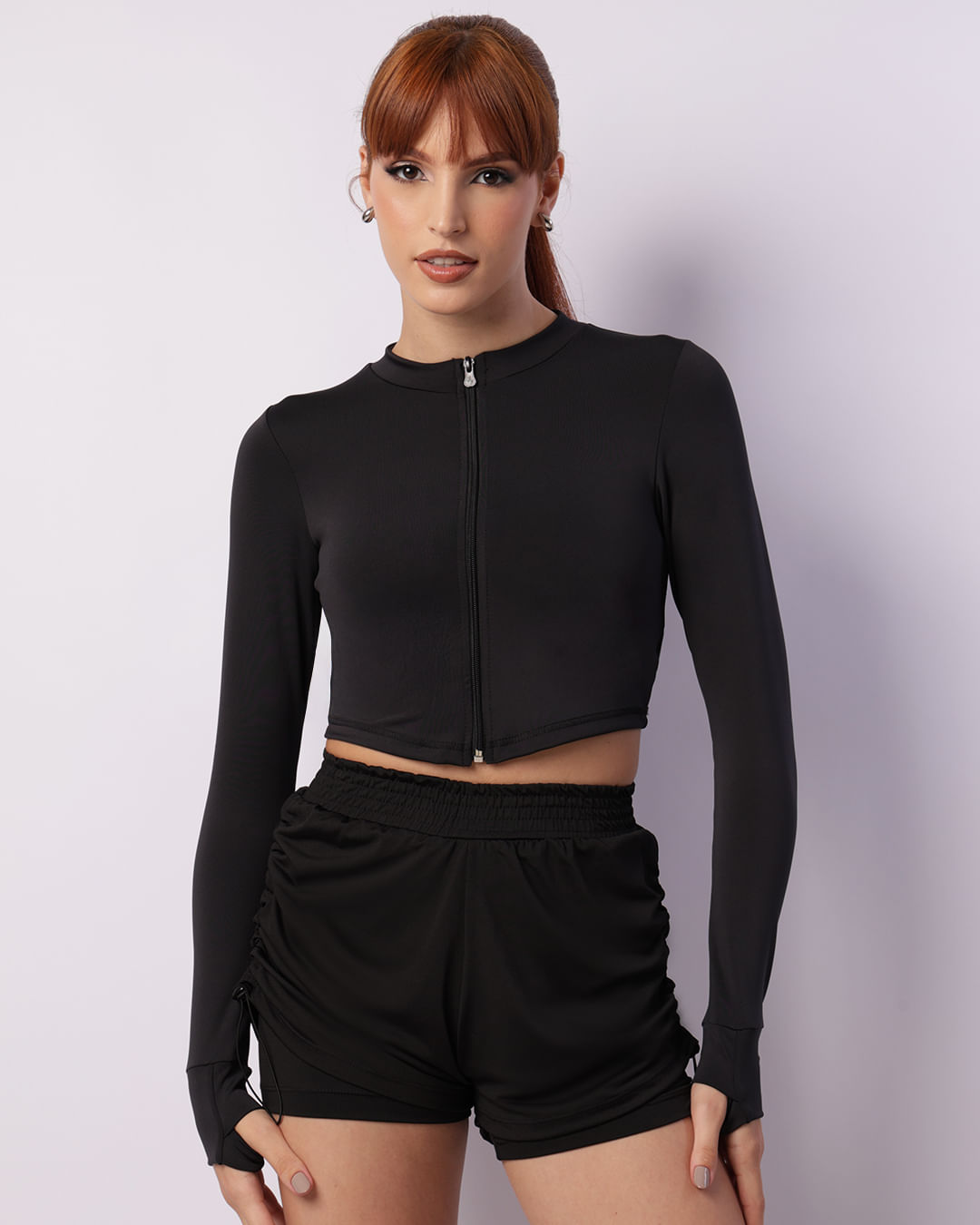 Jaqueta Fitness Feminina Fitter Cropped Manga Longa Preta