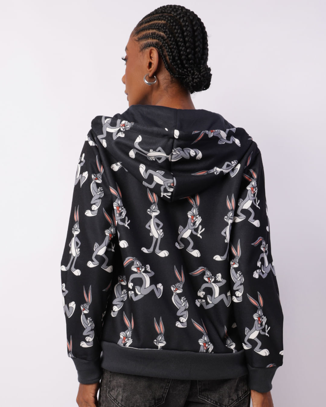 Jaqueta Moletom Feminina Looney Tunes Pernalonga Com Bolsos Capuz Preta-1743617595740