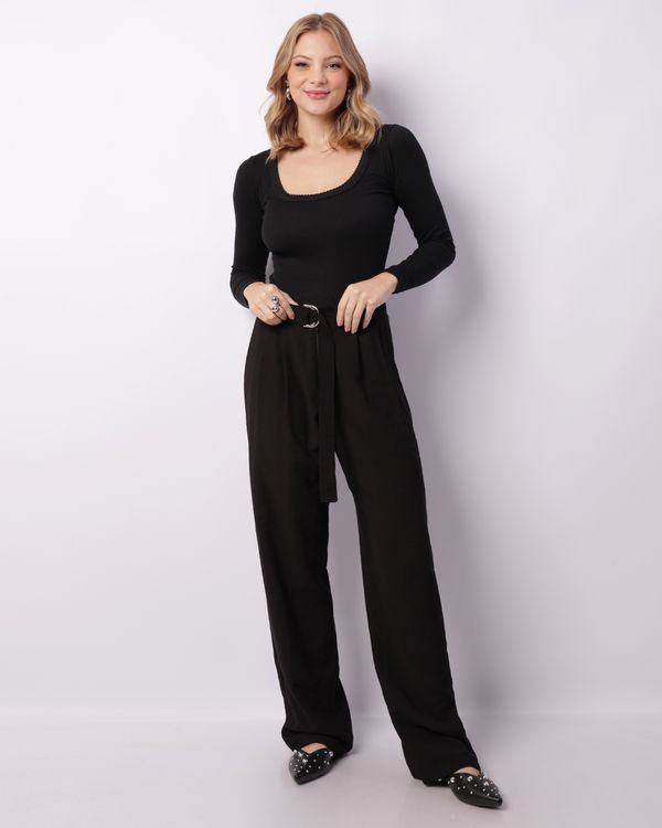 Calça Feminina Poliviscose Reta Com Pregas Fivela Preta G