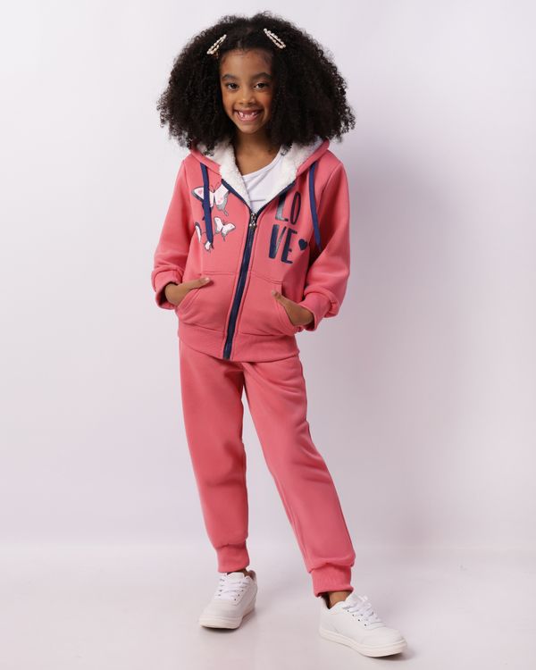 Conjunto Moletom Infantil Peluciado Com Capuz Estampa Rosa 8