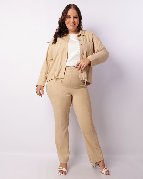Calça Plus Size Feminina Reta Viscolinho Com Recortes Bege G1