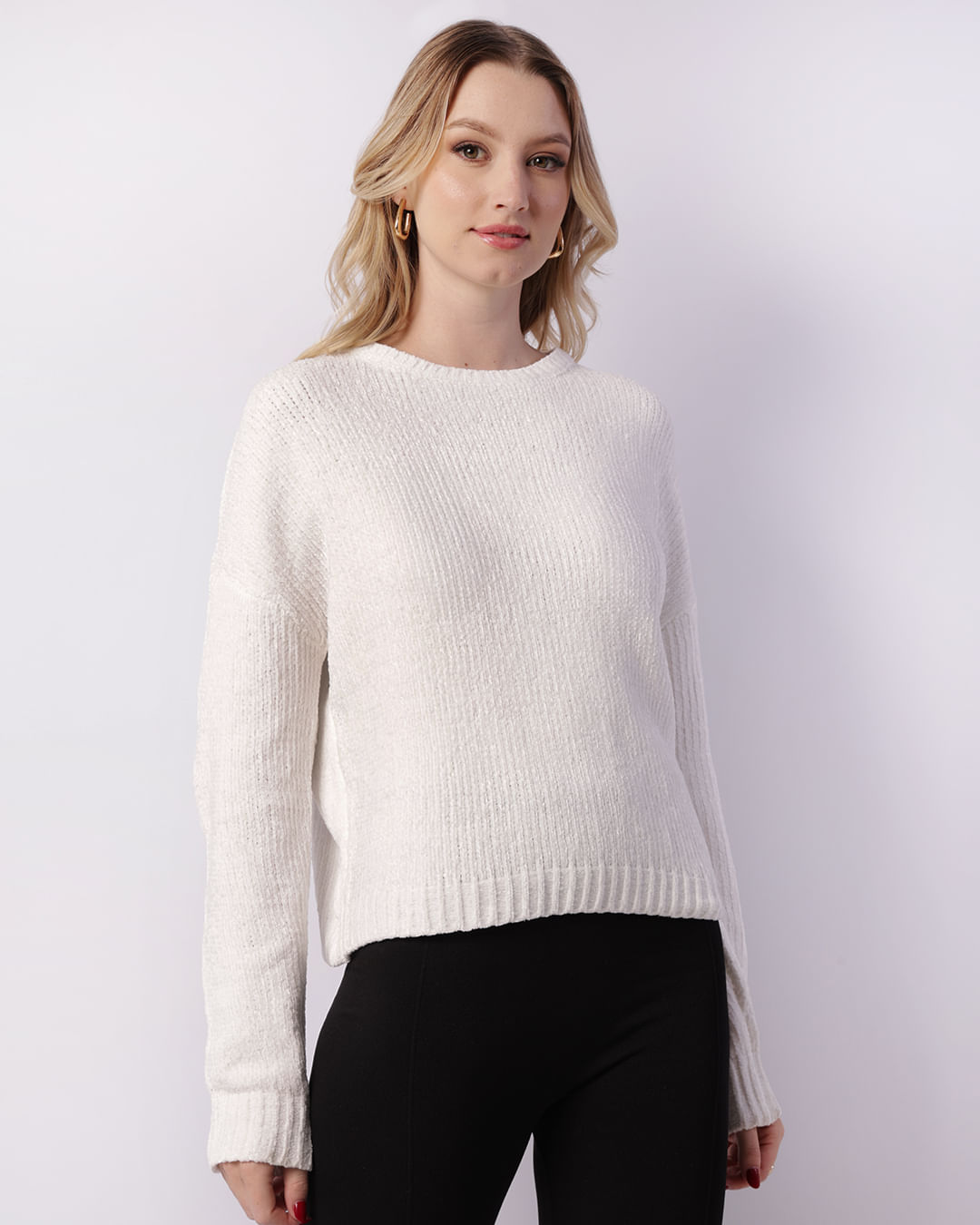 Suéter Feminino Tricô Chenille Texturizado Branco