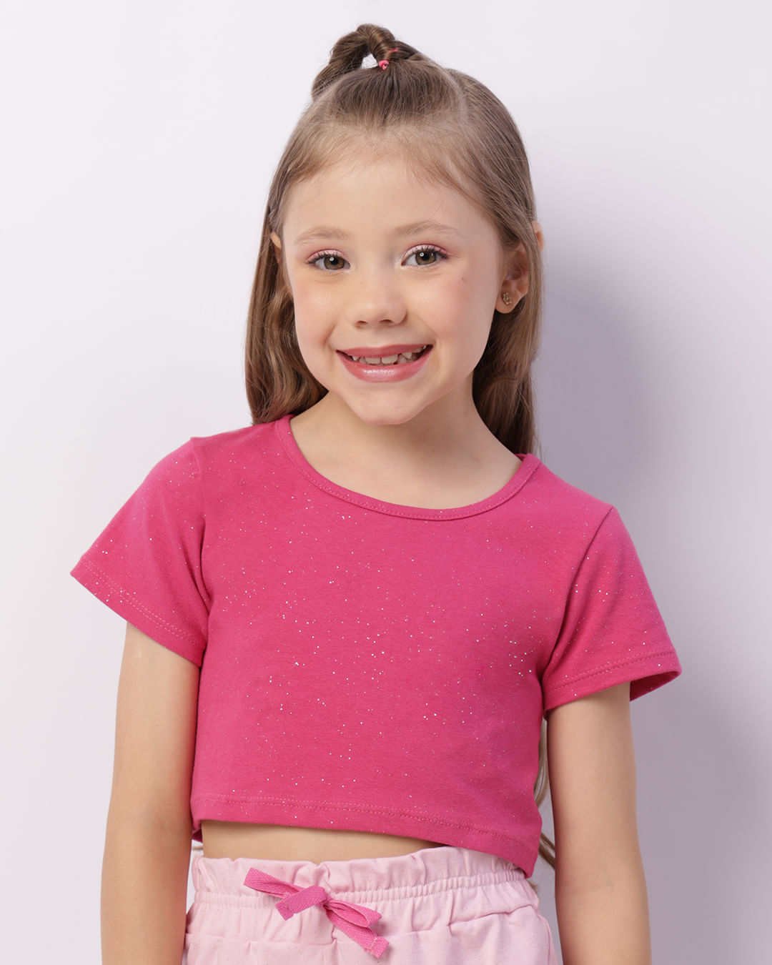 Blusa Infantil Cropped Manga Curta com Glitter Rosa