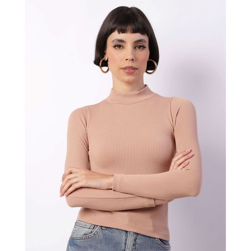 Blusa Feminina Manga Longa sem Costura Gola Alta Bege